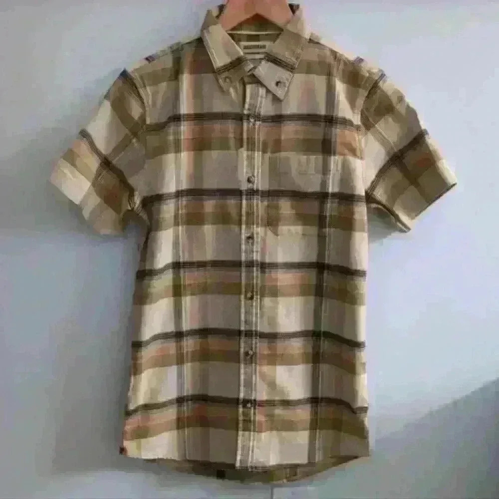 GOODTHREADS | Men's Tan Plaid Slim-Fit Short Sleeved Button Down Shirt